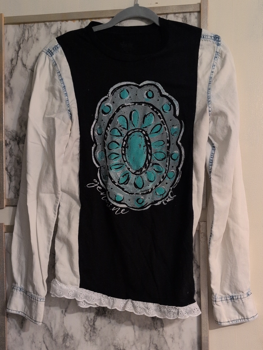 Genuine Turquoise T-shirt Upcycle With Light Wash Denim Sleeves And White Cotton